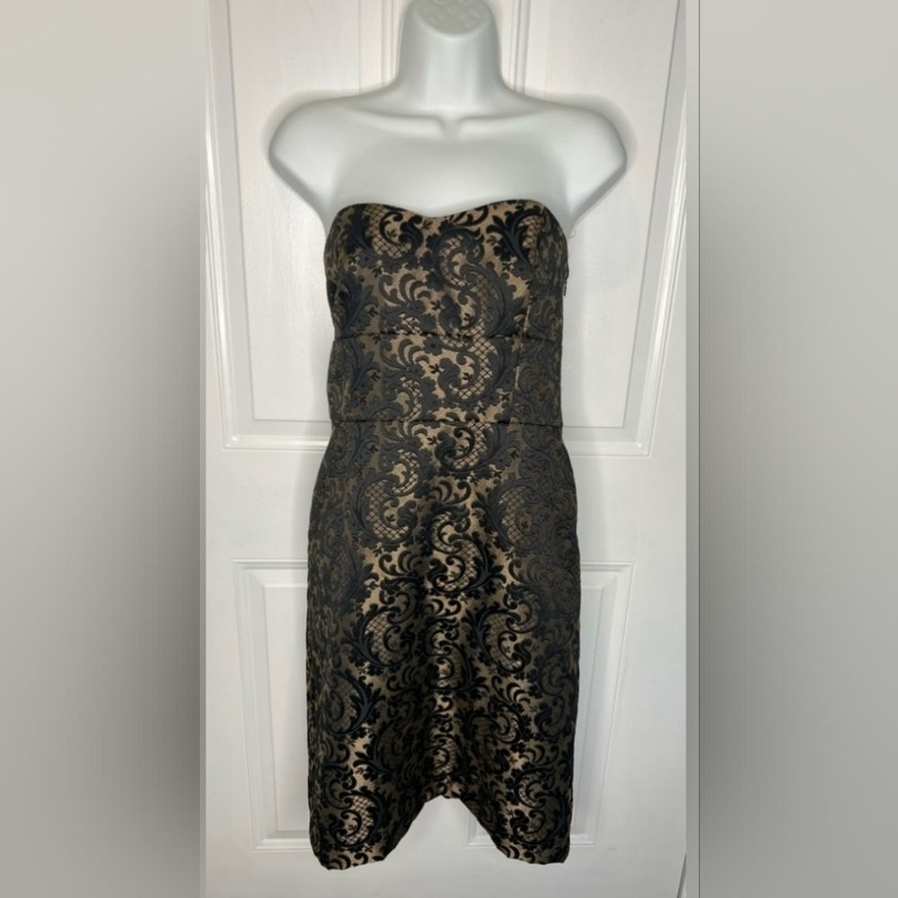 Ann Taylor Strapless Black Gold Sweetheart Knee Length Dress 14